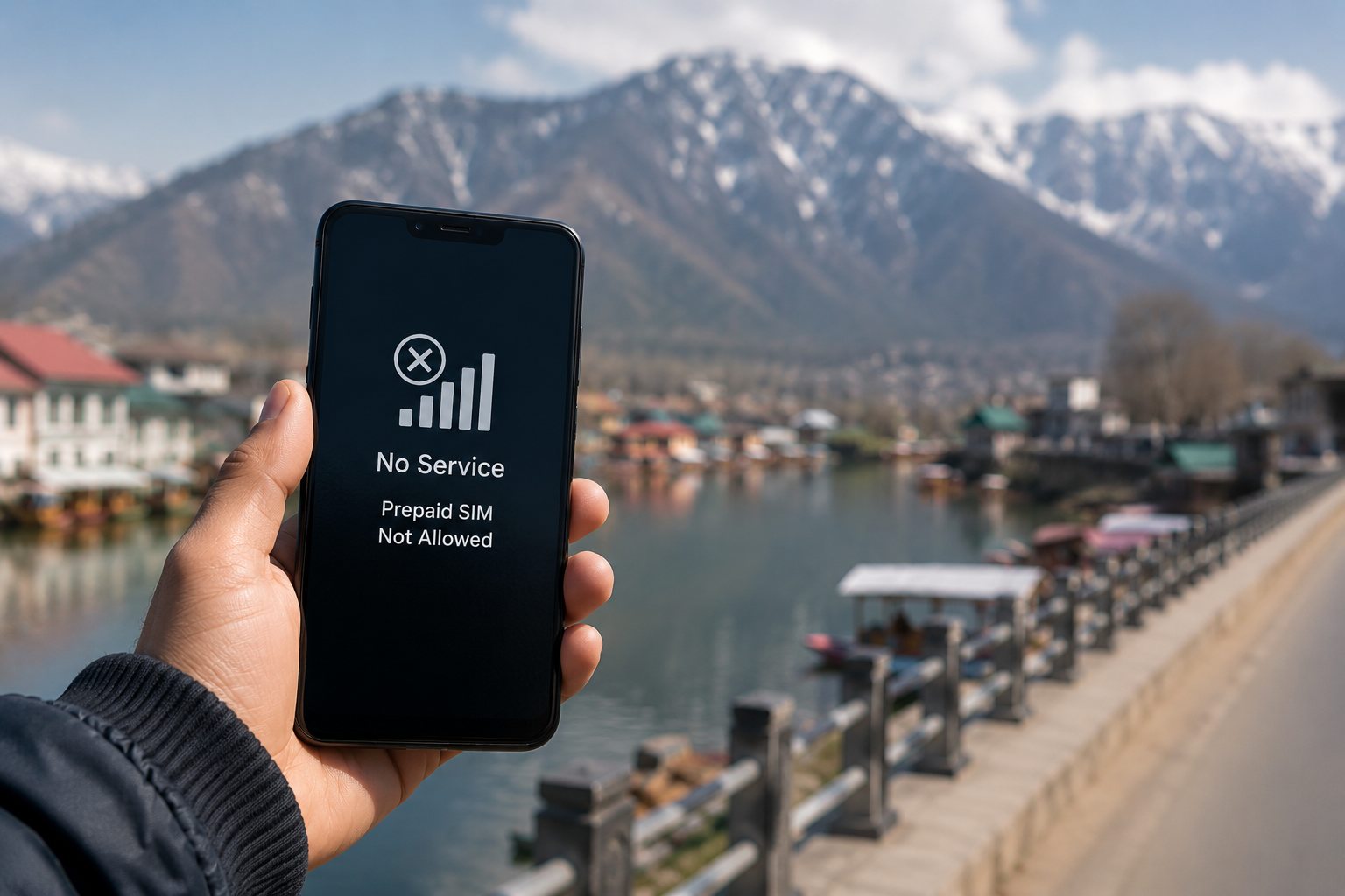 Traveler using smartphone in Jammu Kashmir with prepaid SIM restriction concept