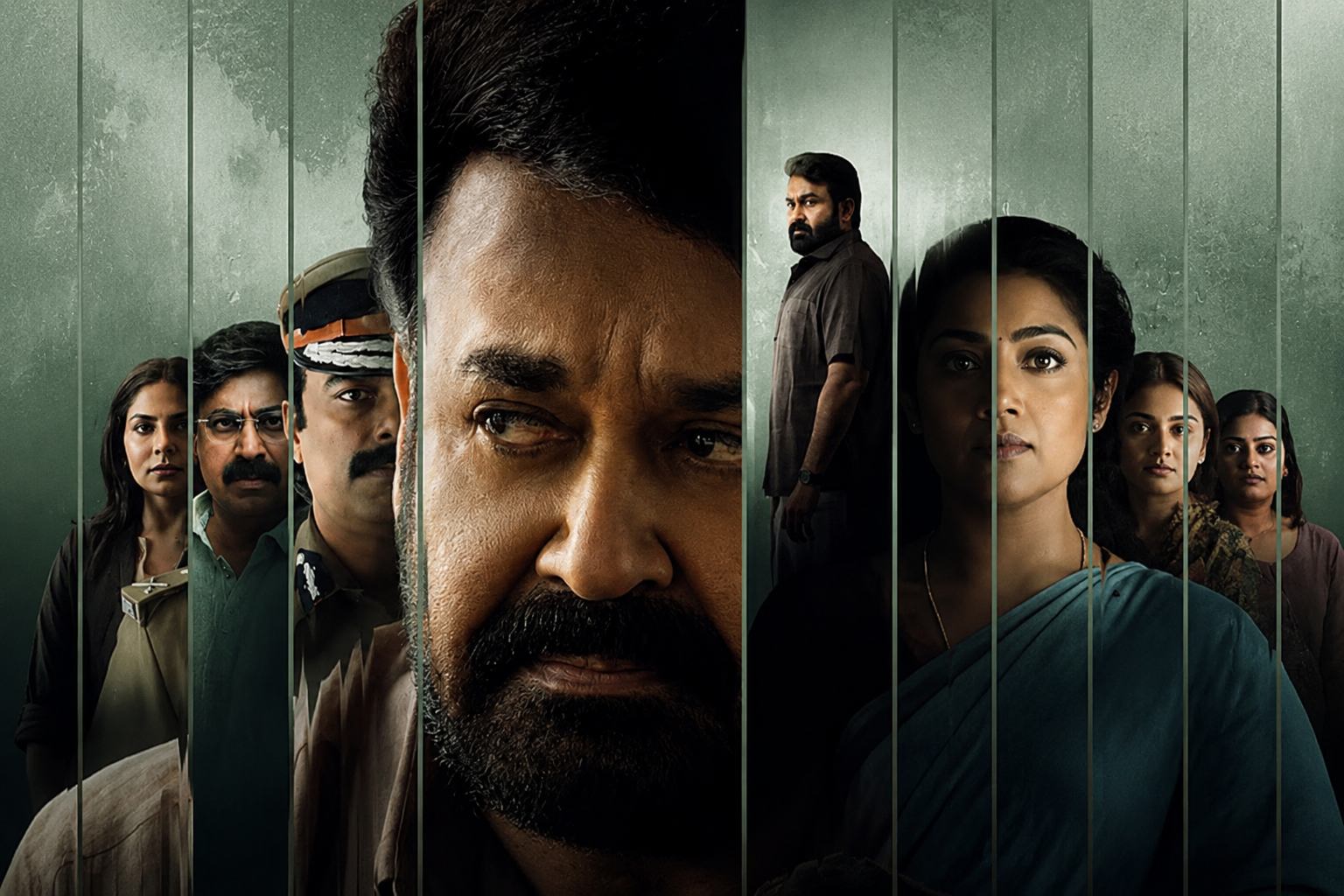 Drishyam 3 thriller style poster with suspenseful atmosphere and worried protagonist