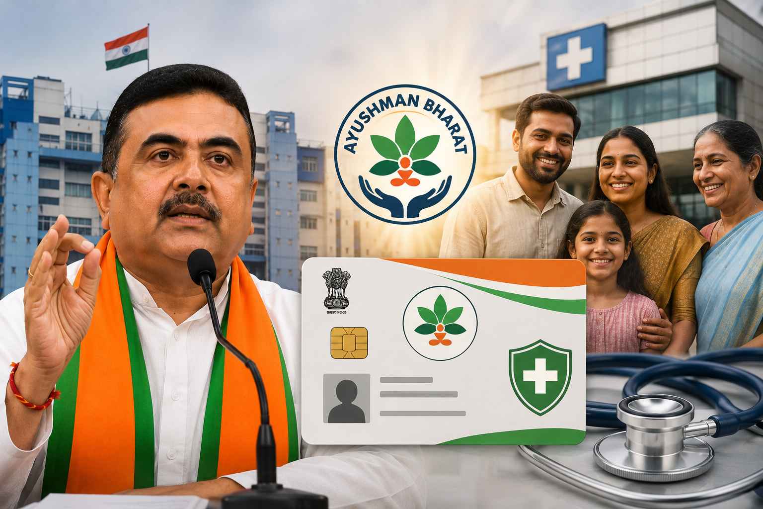আয়ুষ্মান ভারত প্রকল্পে পশ্চিমবঙ্গকে যুক্ত করার ঘোষণা করছেন শুভেন্দু অধিকারী