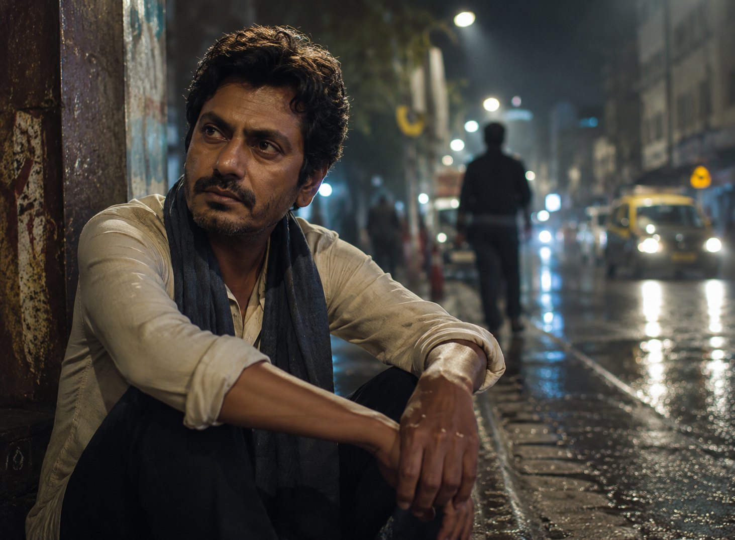 Nawazuddin Siddiqui inspired struggle-themed cinematic portrait on Mumbai street