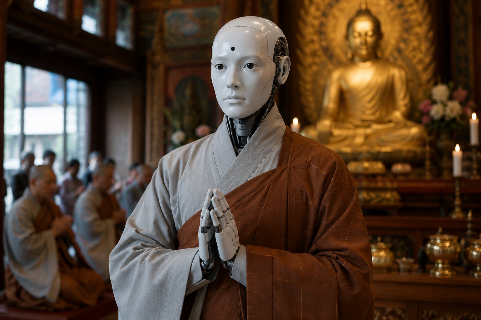 Humanoid robot monk Gabi inside a Buddhist temple in South Korea