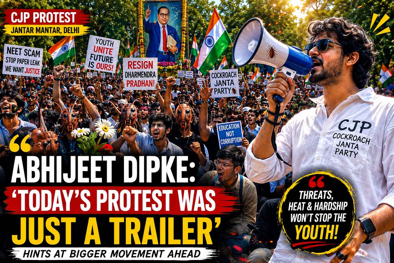 A crowd-filled Jantar Mantar protest scene featuring young demonstrators carrying Indian