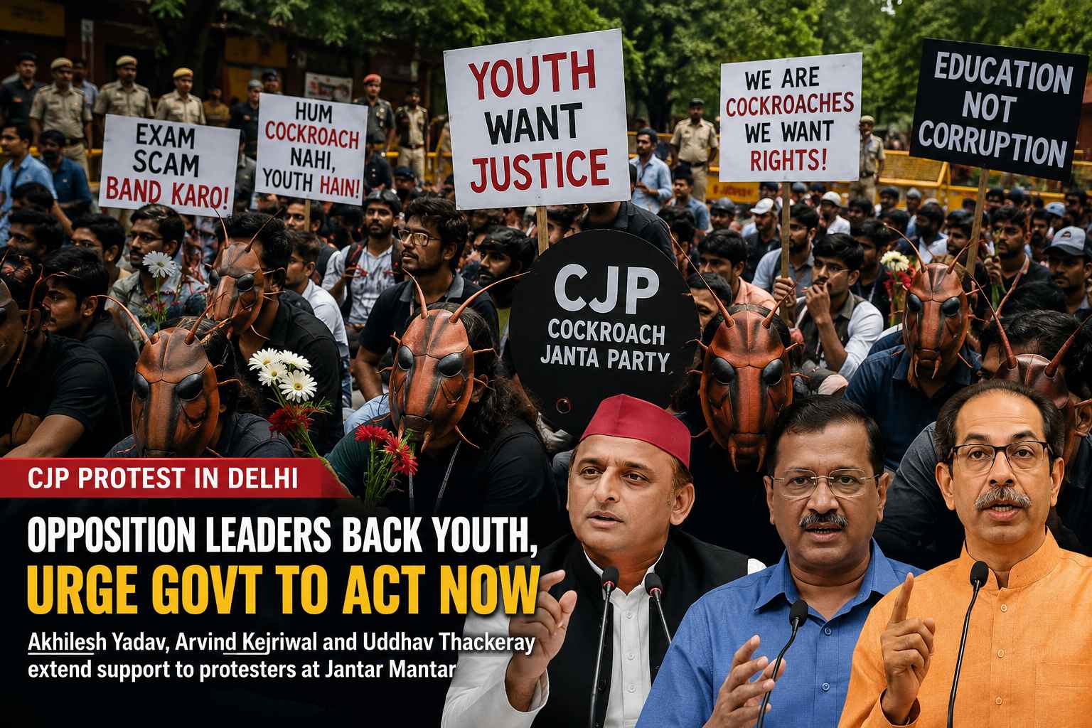 A wide-angle photograph of young protesters wearing symbolic cockroach masks and holding placards at Jantar Mantar, with Delhi Police security personnel visible in the background.
